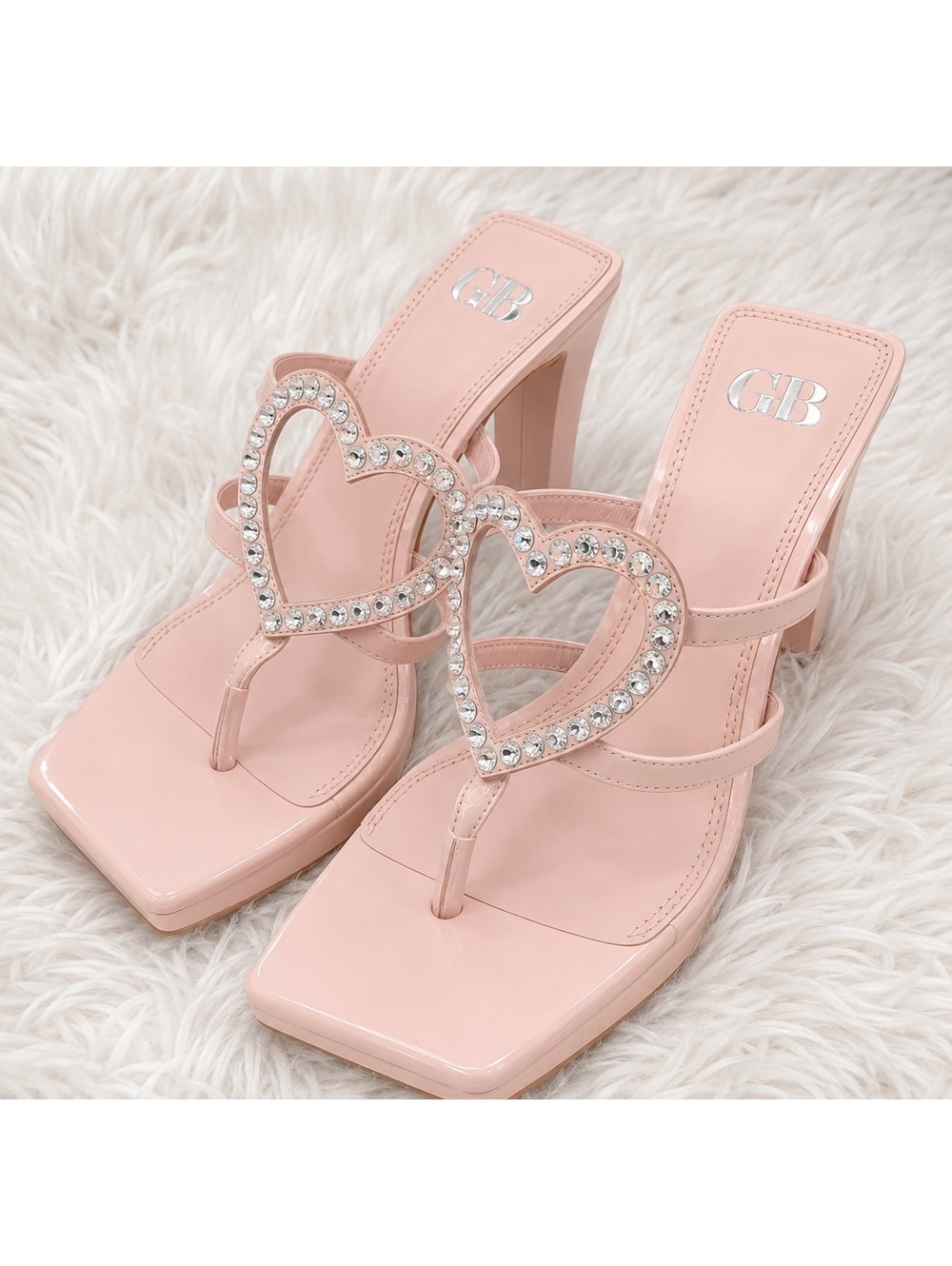 Gianni Bini GB “The Heart” Rhinestone Heart Platform Thong Heeled Sandals Pink